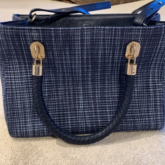 Cole Haan blue woven top handle bag. Leather  hold hardware - Picture 4 of 10